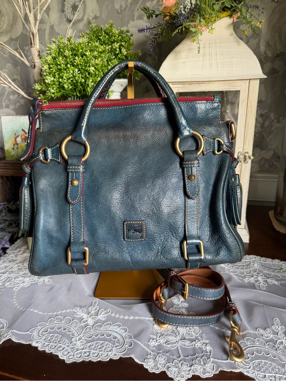 Dooney & Bourke Teal Leather Florentine Satchel Bag Purse
